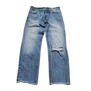 Guess‎ Mens Slim Straight Jeans 30 Blue Paint Splatters Distressed Raw Hem Denim